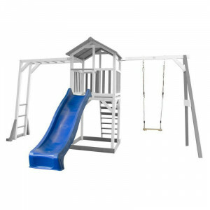 AXI Beach Tower Play Tower with Climbing Frame and Single Swing Gray / White - Blue Slide