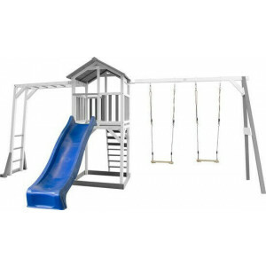 AXI Beach Tower Playtower with Climbing Frame and Double Swing Gray / white - Blue Slide